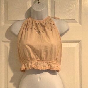 AERIE Pink/Peach Eyelet Ruffled Cut Out Spring Break Cropped Halter top XS